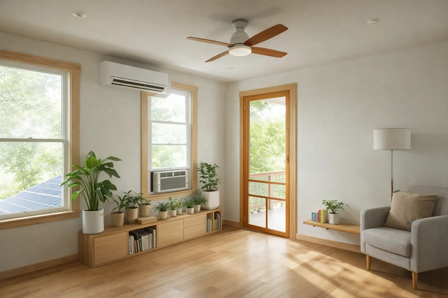 Espacio transformado con iluminación, vegetación y almacenamiento