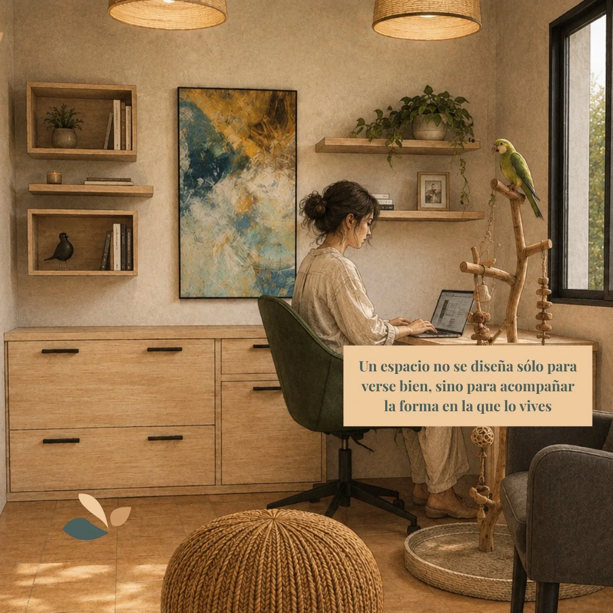 Home office con escritorio, almacenamiento integrado y un área prevista para el ave de la familia