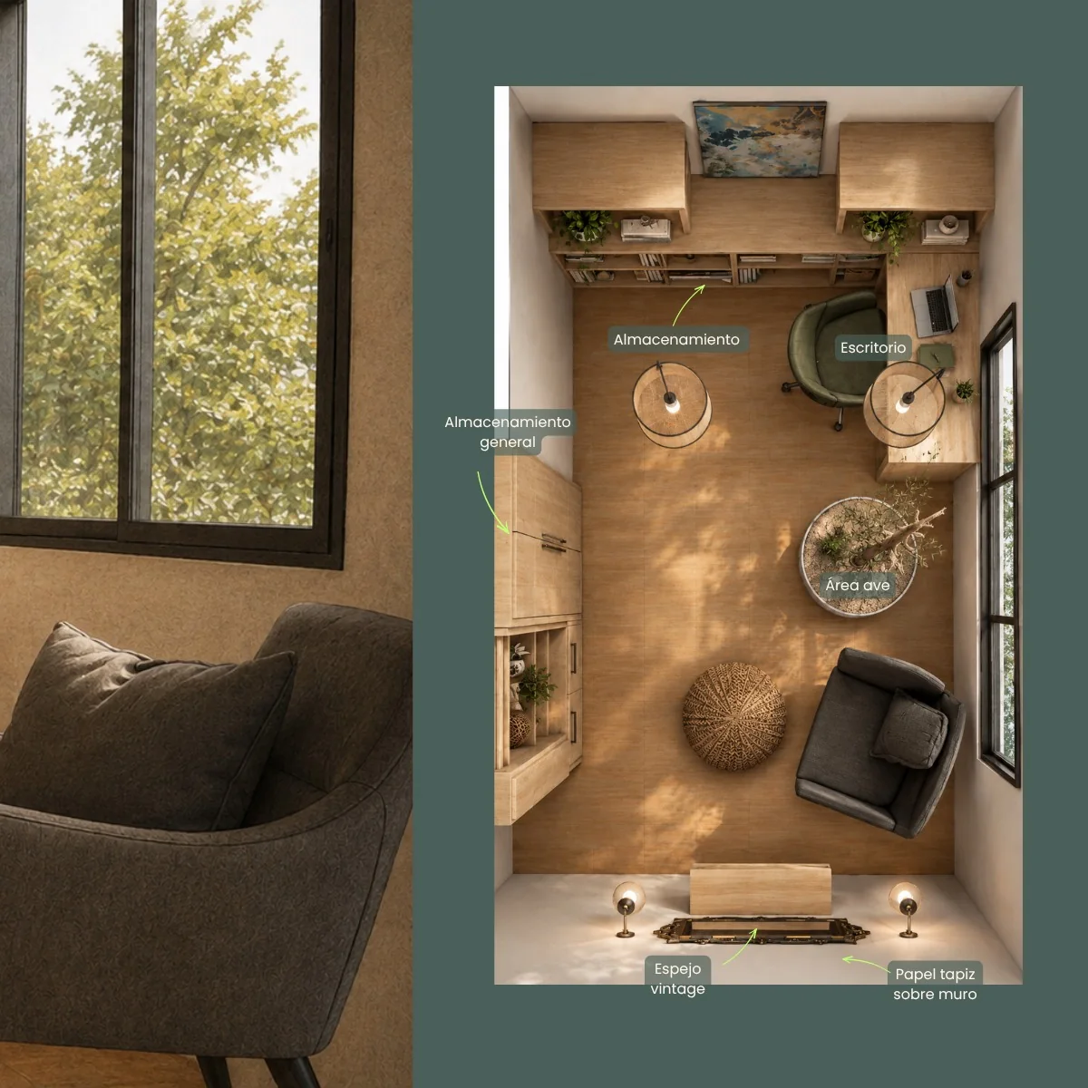 Planta del home office con las zonas de trabajo, almacenamiento, lectura y área del ave