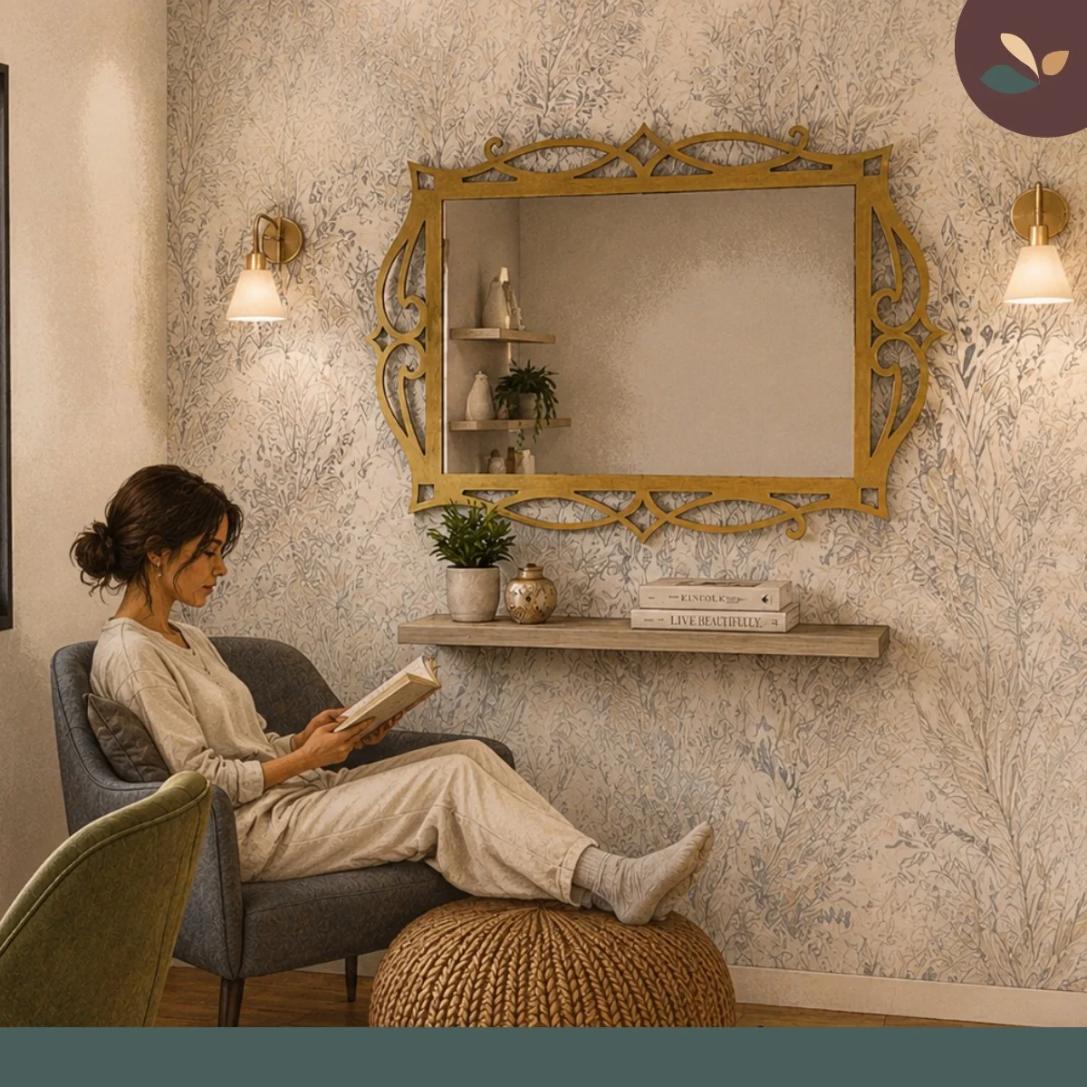 Rincón de lectura del home office con sillón, papel tapiz y espejo vintage