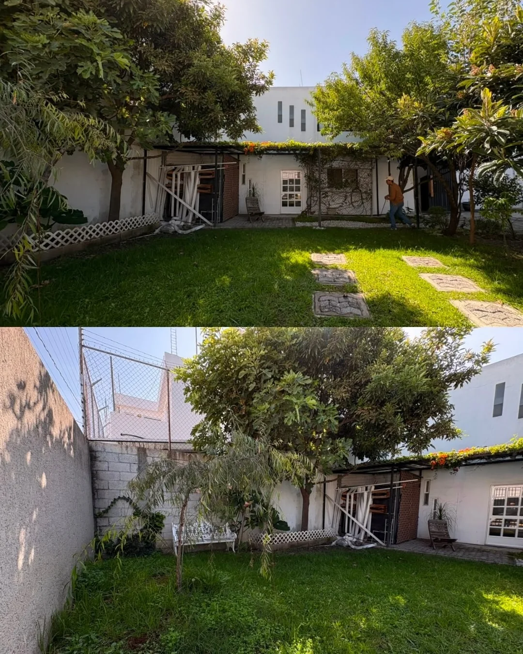 Estado previo del jardín residencial visto desde dos ángulos
