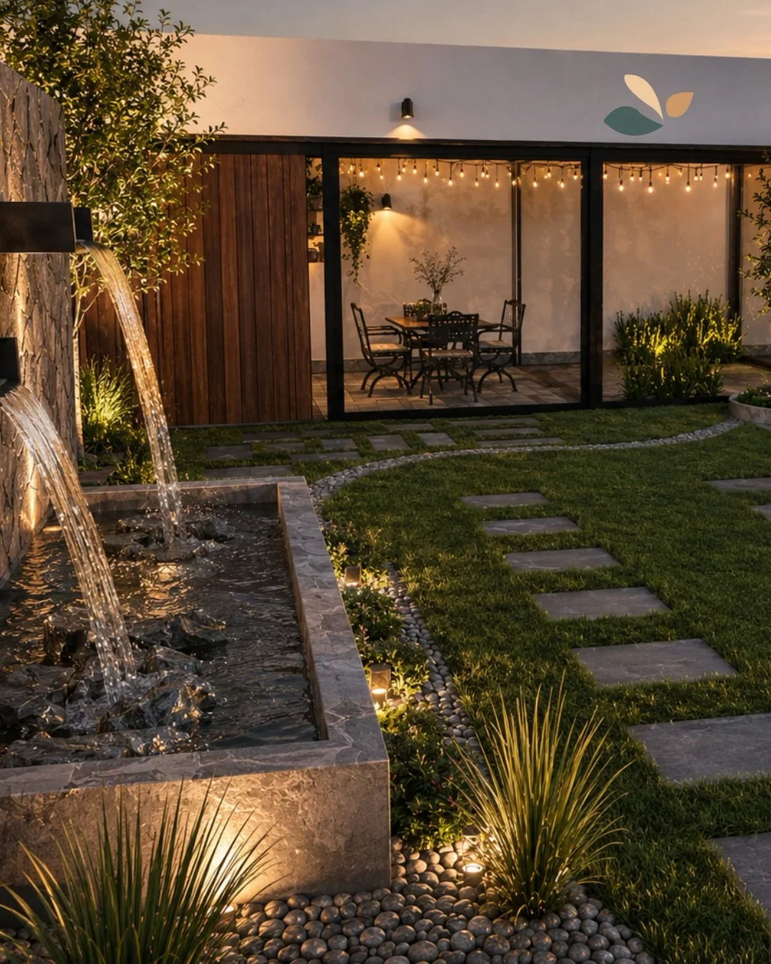 Jardín residencial con fuente, recorrido de piedra, vegetación e iluminación ambiental